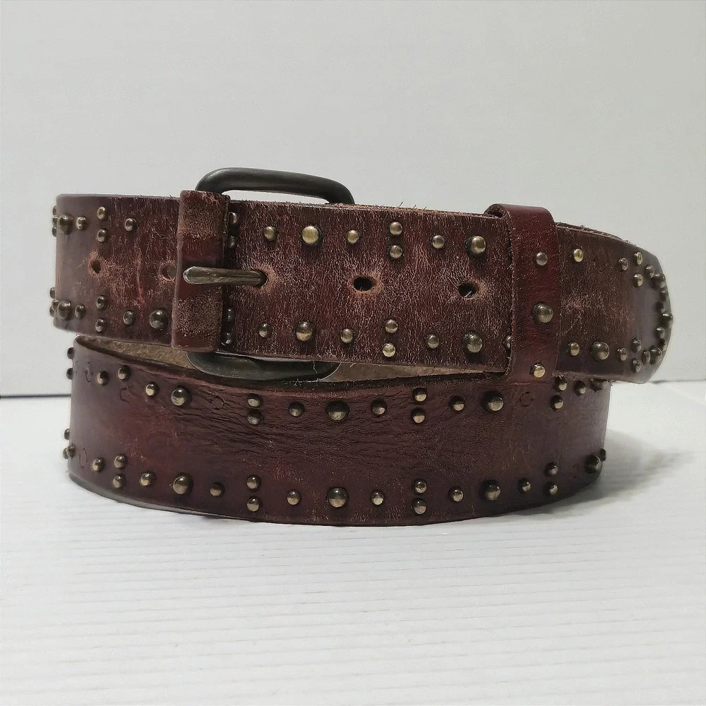 Vintage American Eagle Studded Brown Leather Belt Womens Size Med Boho Western